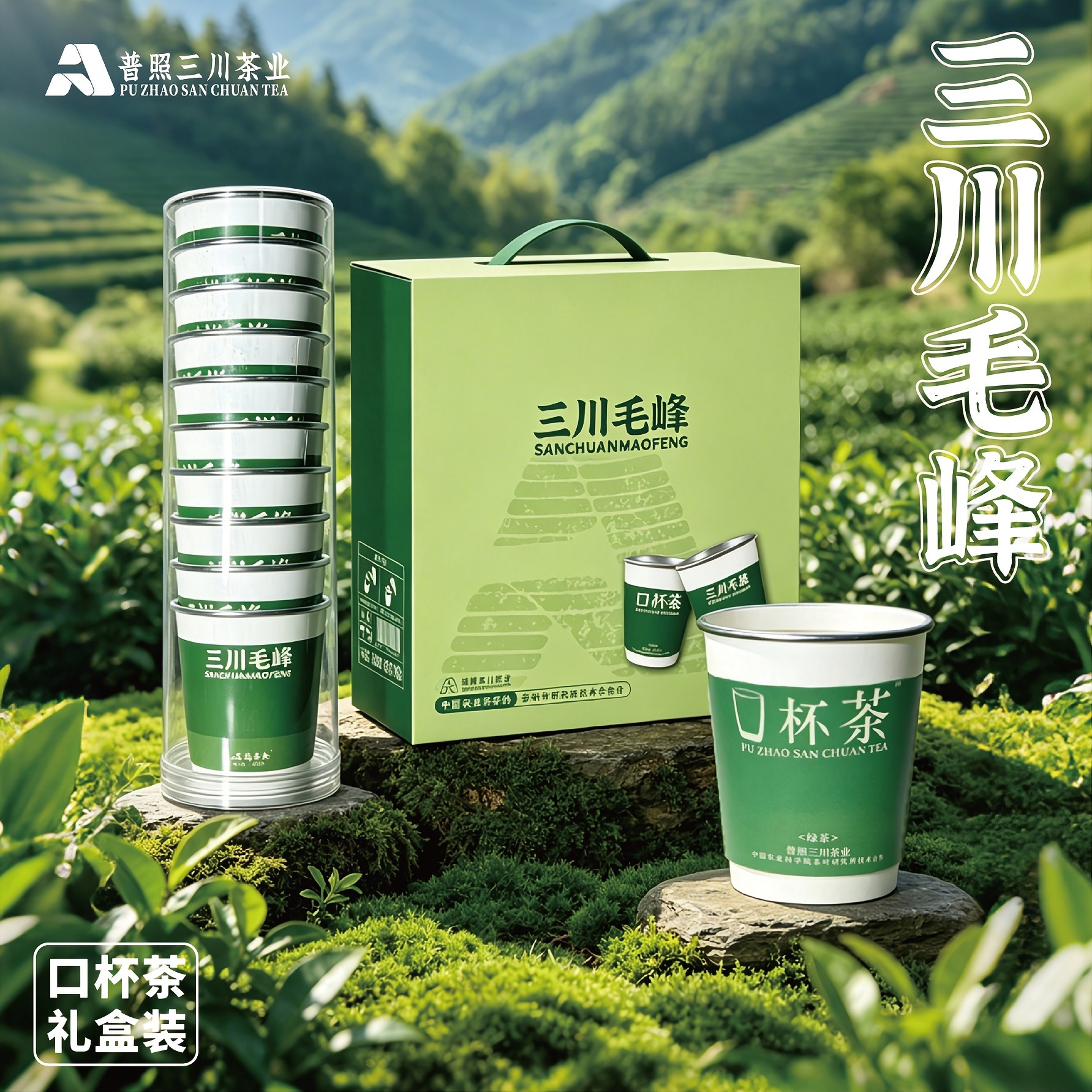 [口杯茶礼盒]三川毛峰绿茶-普照三川 春茶隐茶杯装茶新茶一次性隐茶杯夏天减脂解腻办公出差旅游露营75g